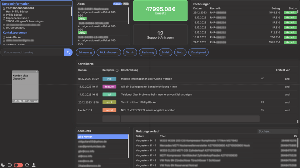 Kundendashboard der Anwendung von Andreas Losing